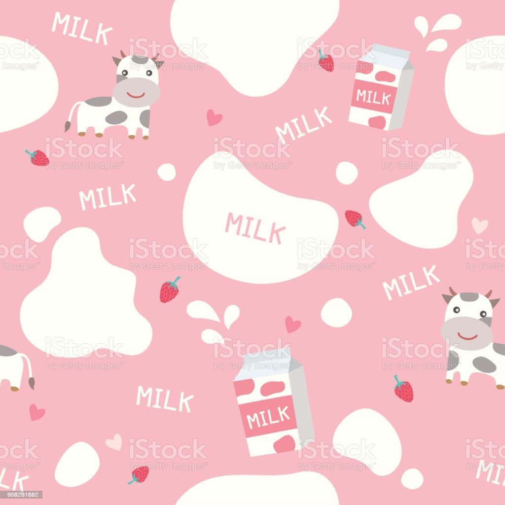 萌萌的「Kawaii Ka-Moo！」 壁紙 — 可愛的卡通牛和牛奶盒在粉紅色背景上漂浮在白色牛奶飛濺和草莓之間。