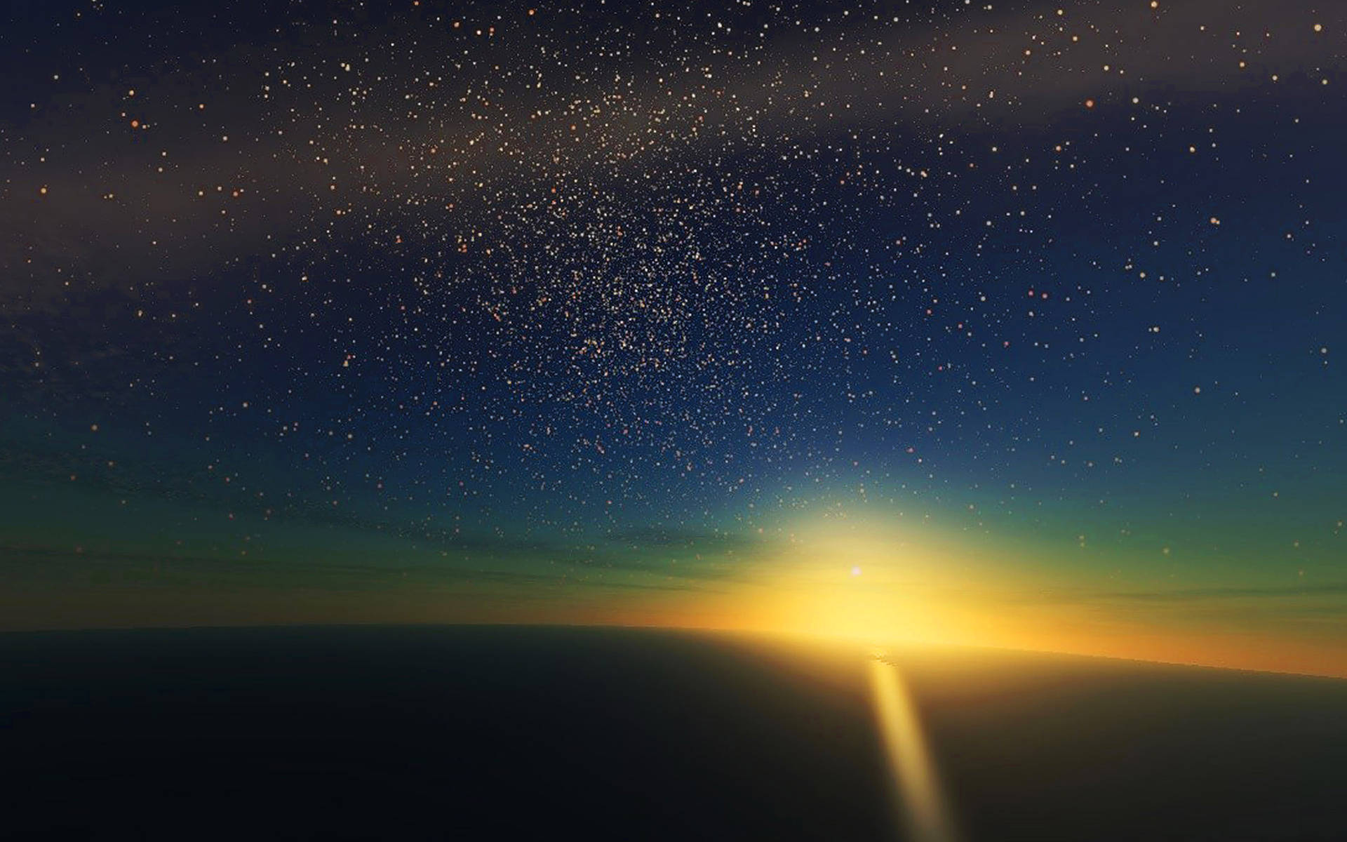 在星空下，黑暗地平線之上，發光的日出或日落。