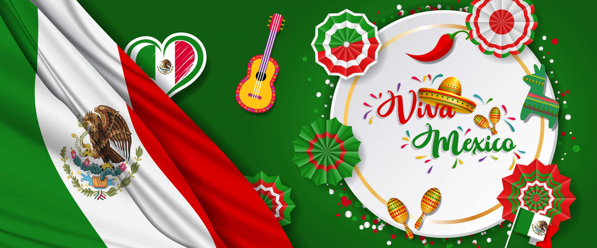 Viva Mexico 慶祝活動，包括旗幟、結他和傳統樂器。