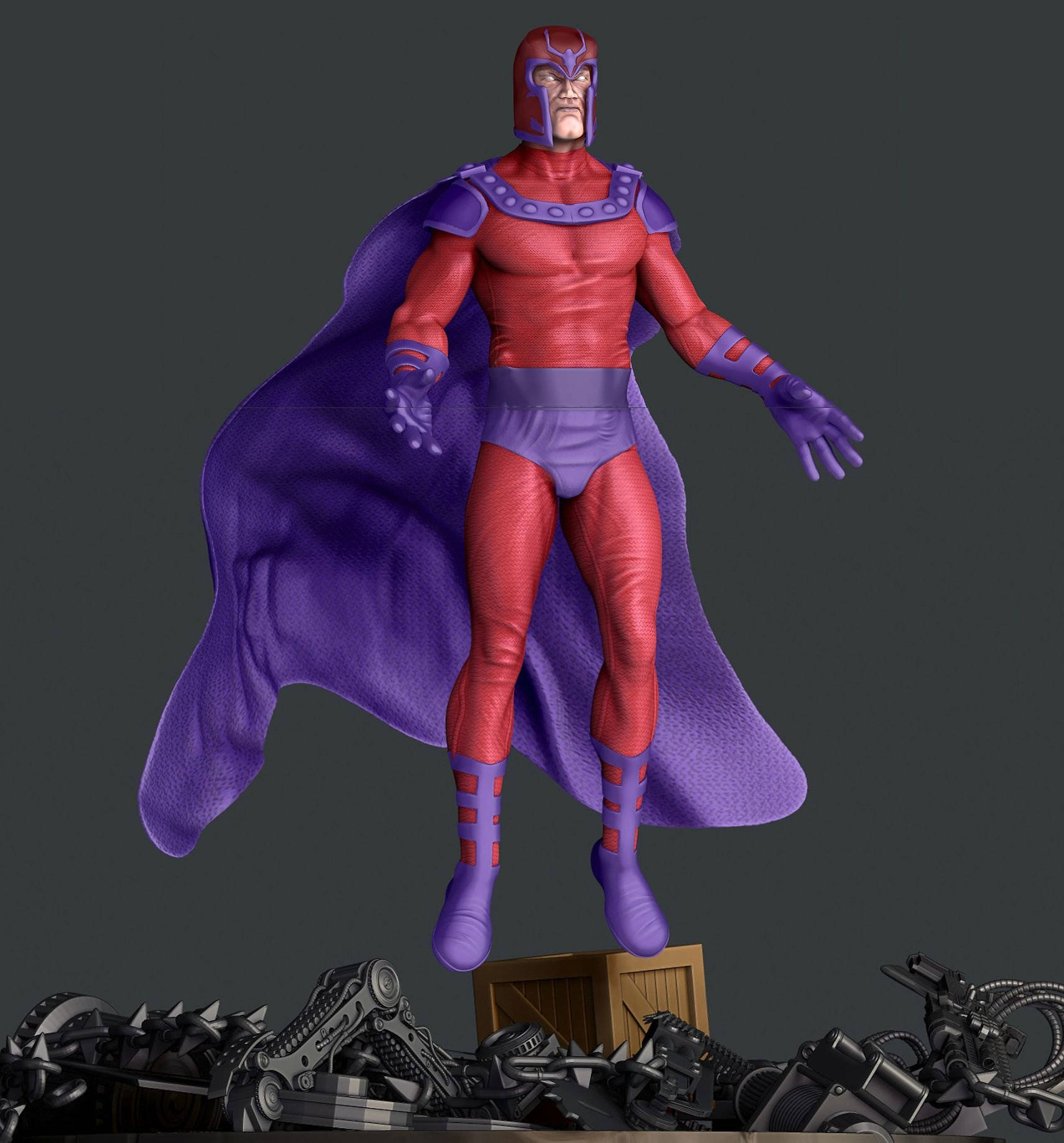 萬磁王動畫人偶 壁紙 — 一個3D渲染的磁力王（Magneto）人偶，身穿紅紫色服裝，在深灰色背景前懸浮於機械殘骸之上。