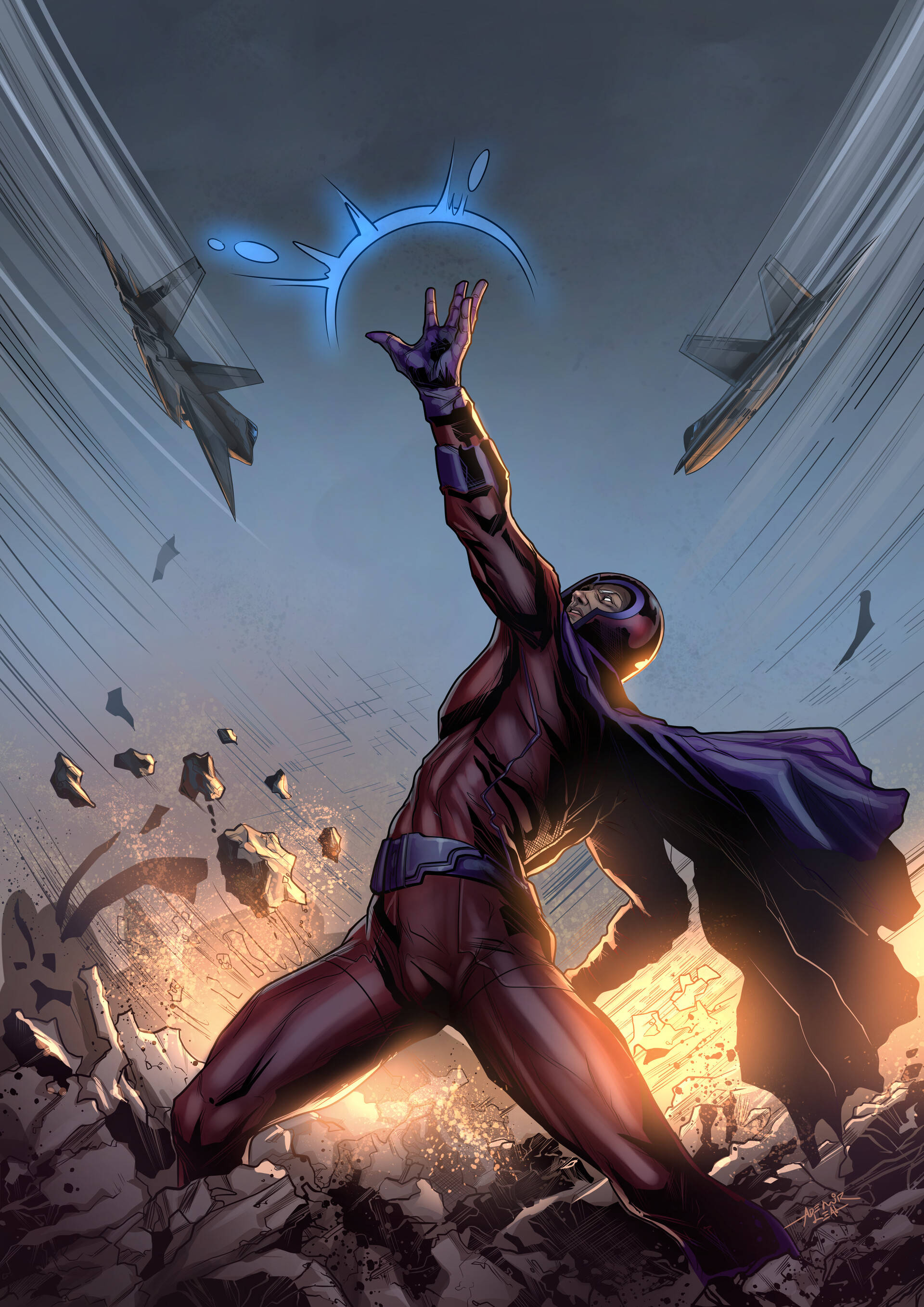 萬磁王舉手鎮壓 壁紙 — 一位身穿紅色和紫色服裝的超級英雄站在瓦礫中，伸出手召喚出一個發光的藍色能量環，戰鬥機在頭頂飛過。