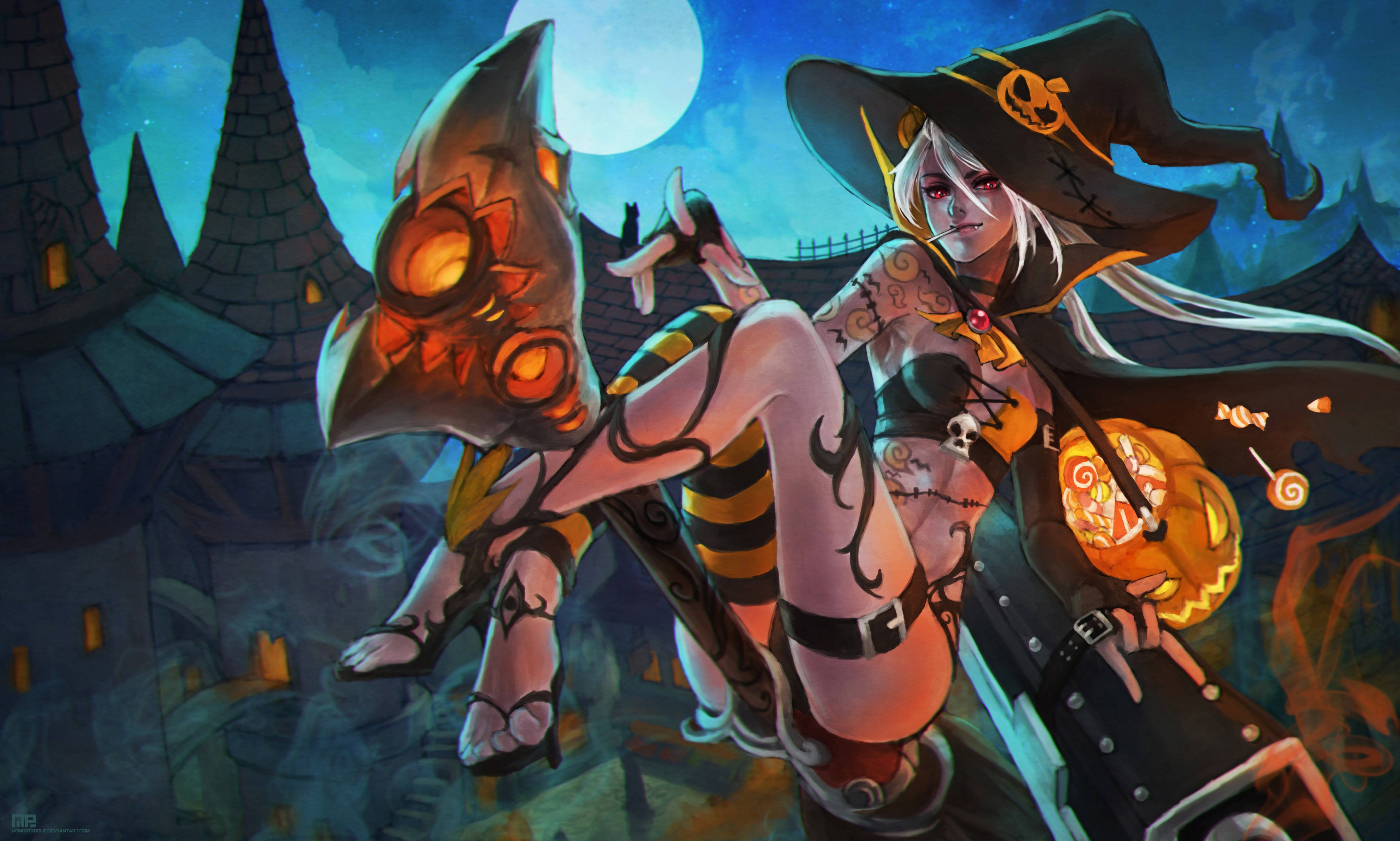 萬聖節Jinx皮膚 壁紙 — 一位白髮女巫戴着南瓜燈帽，在滿月下懶洋洋地躺在一隻發光的南瓜頭生物上。