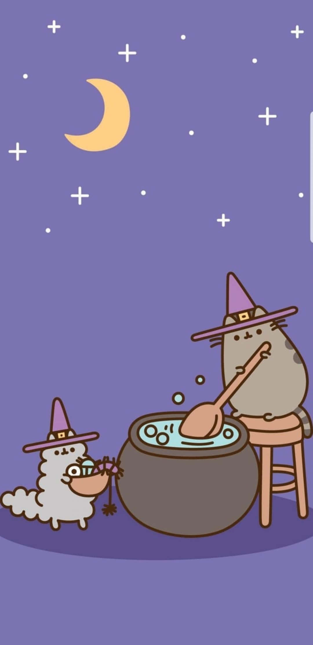 萬聖節Tumblr美學Pusheen女巫 壁紙 — 兩隻戴著巫師帽的可愛貓咪在彎月和星星下攪拌冒泡的大鍋。