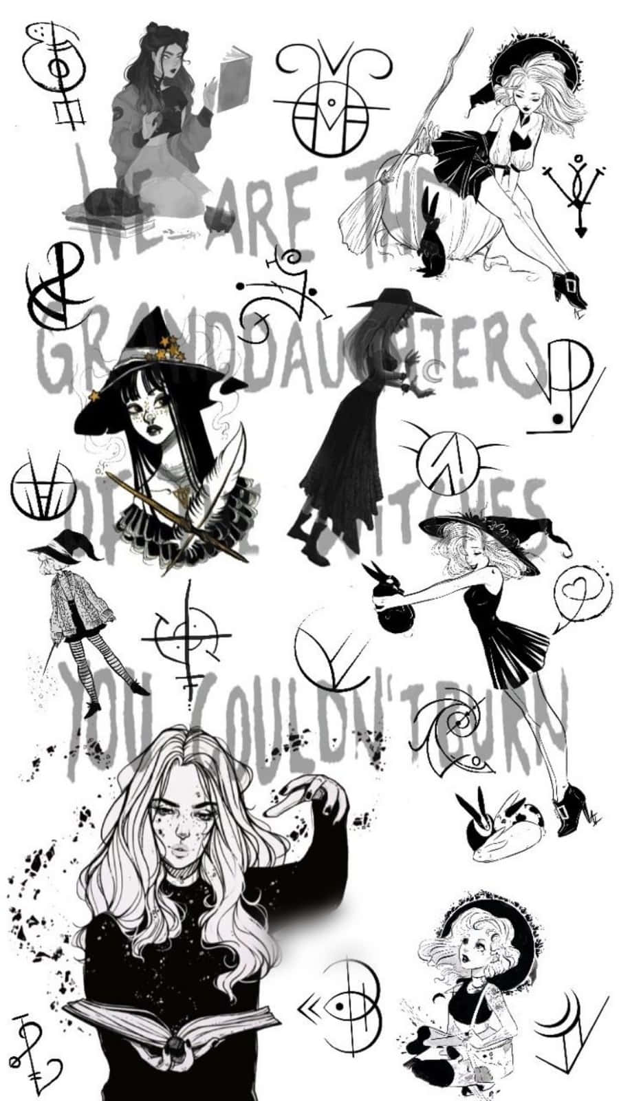 萬聖節Tumblr美學女巫插畫 壁紙 — 黑白插圖拼貼畫，描繪風格化的女巫以各種姿勢呈現，並帶有神秘符號和文字疊加。