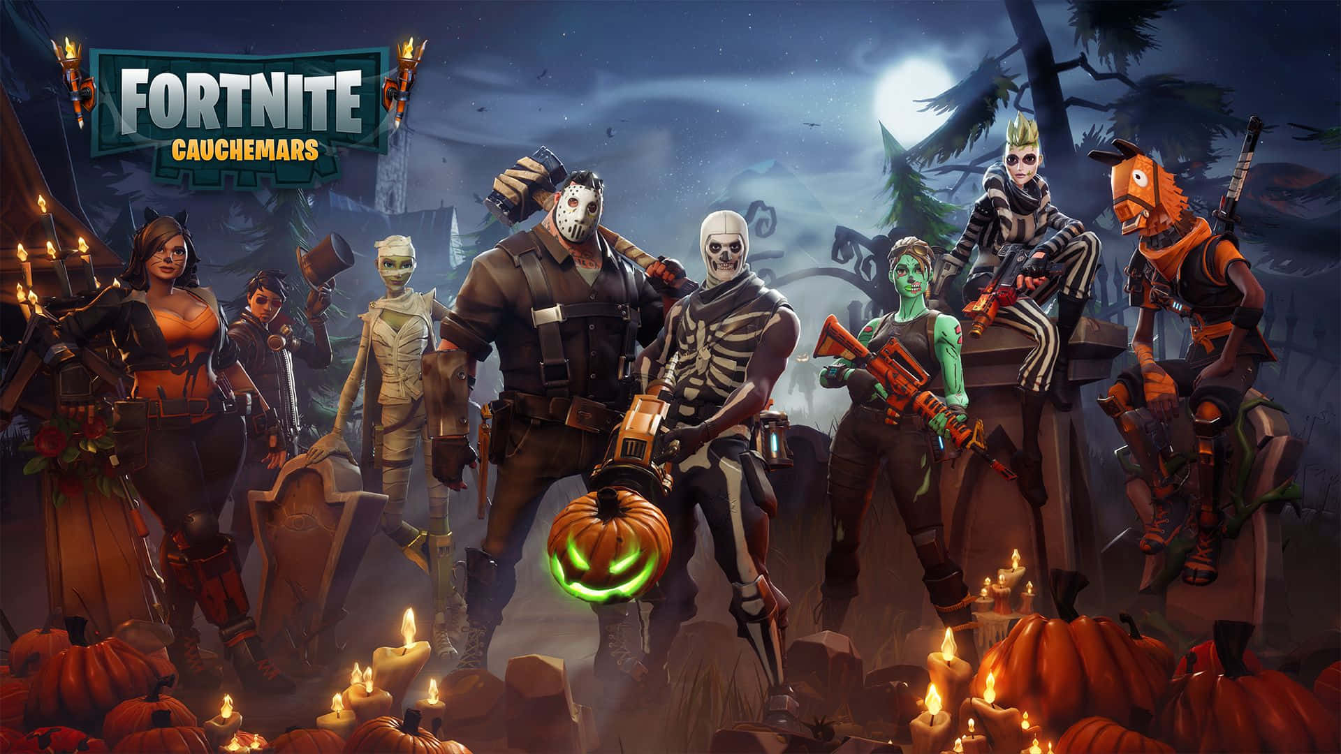 萬聖節主題《Fortnite》角色 壁紙 — 萬聖節主題嘅Fortnite角色喺陰森墓地，有發光南瓜同滿月。
