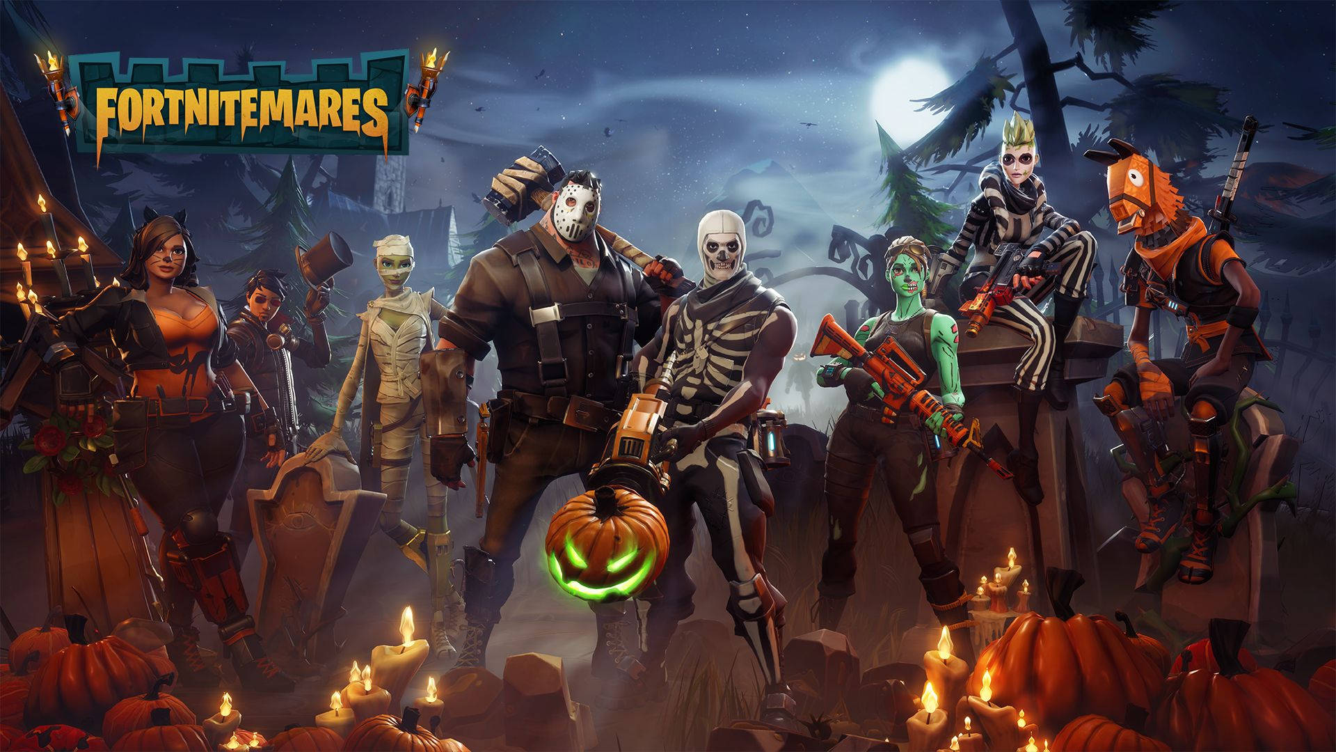 Fortnite 造型 桌布 壁紙 — 萬聖節主題嘅Fortnite角色喺陰森墓地，有發光南瓜同滿月。