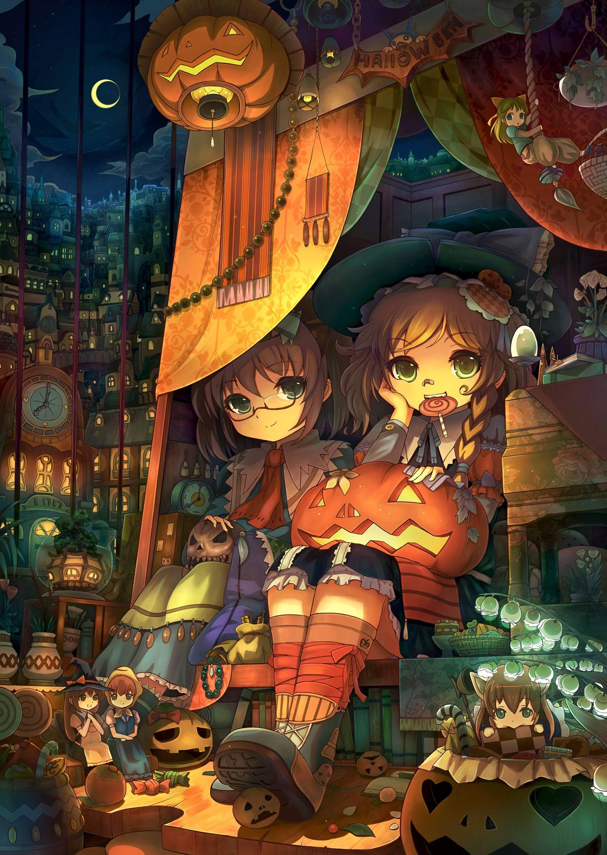 兩個穿著萬聖節服裝的動漫女孩在夜晚被南瓜燈和恐怖裝飾包圍。