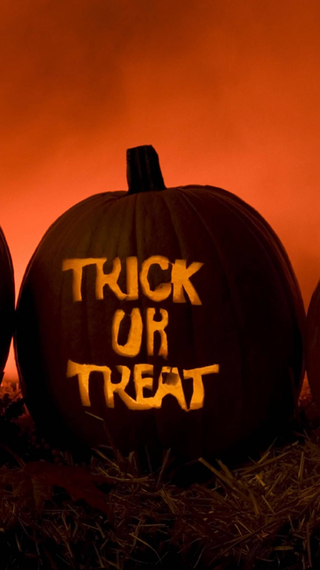 在秋日黃昏中發光的雕刻南瓜，帶有 trick or treat 文字。