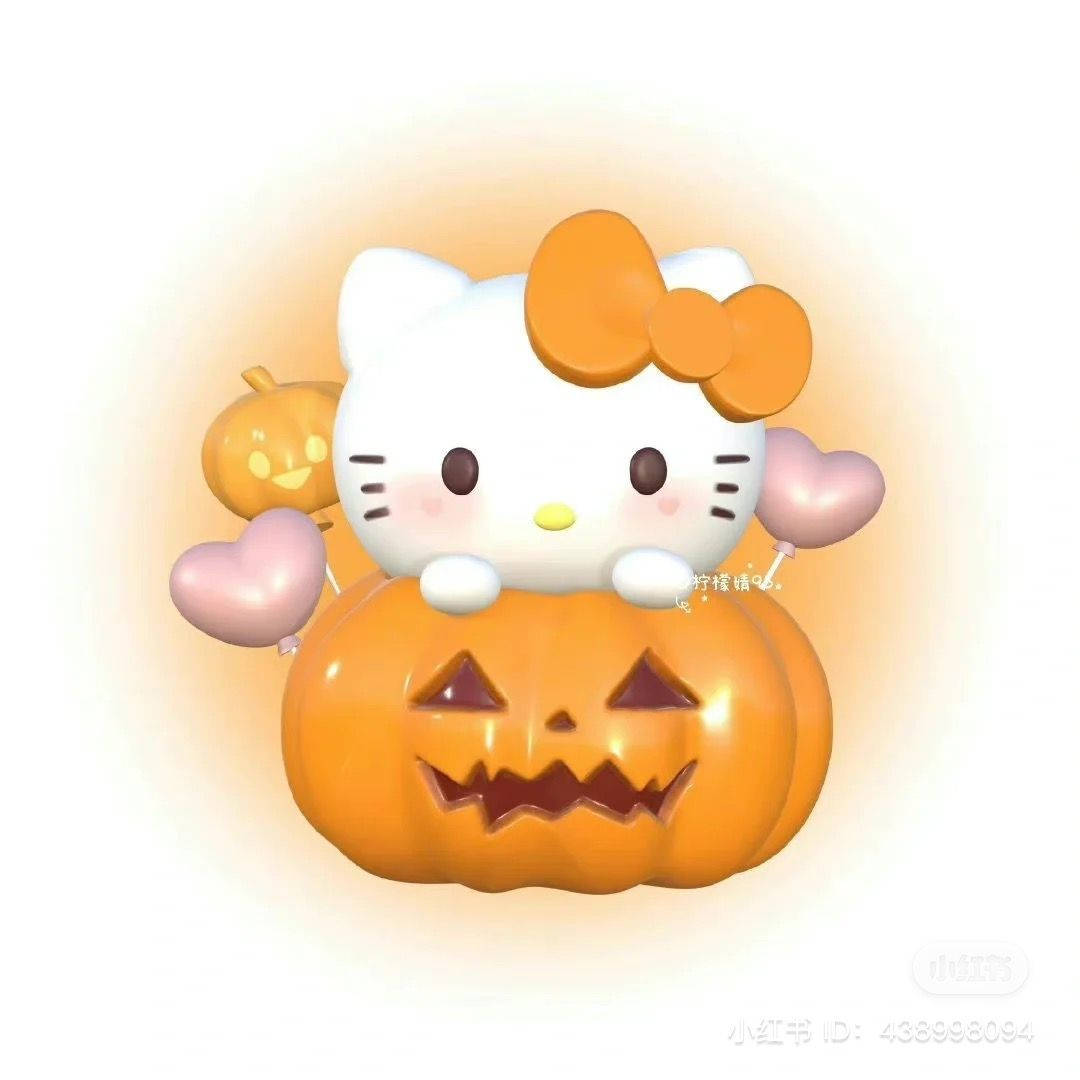 萬聖節南瓜與Hello Kitty頭像 壁紙 — Hello Kitty 坐在一個發光的橙色南瓜燈上，周圍有粉紅色心形氣球和溫暖的金色光暈。