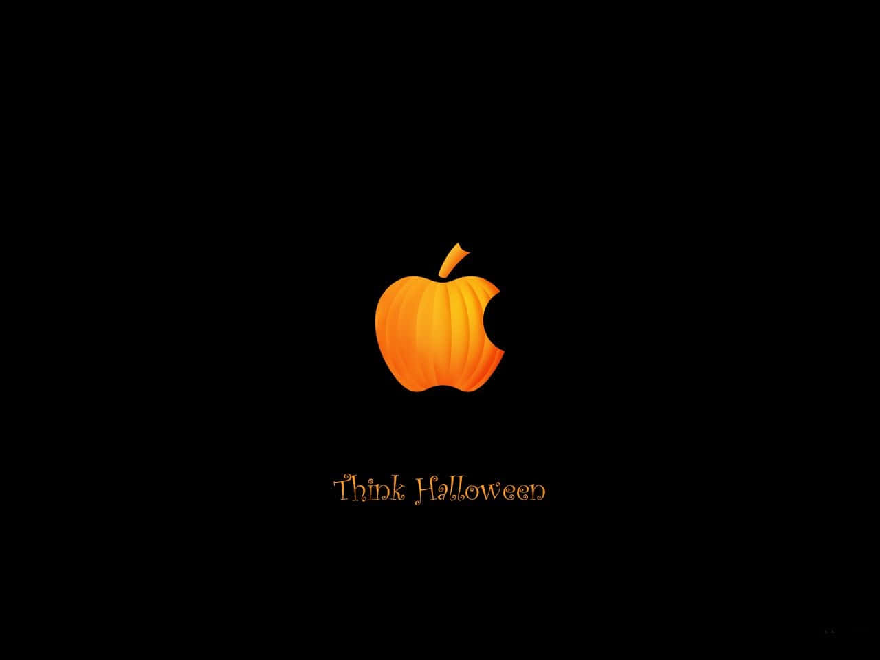 黑色背景上帶有「Think Halloween」文字的橙色南瓜Apple標誌。