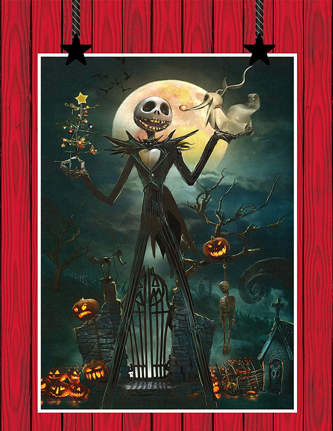 Jack Skellington 喺滿月下拎住一個細小嘅聖誕樹同一隻鬼貓。