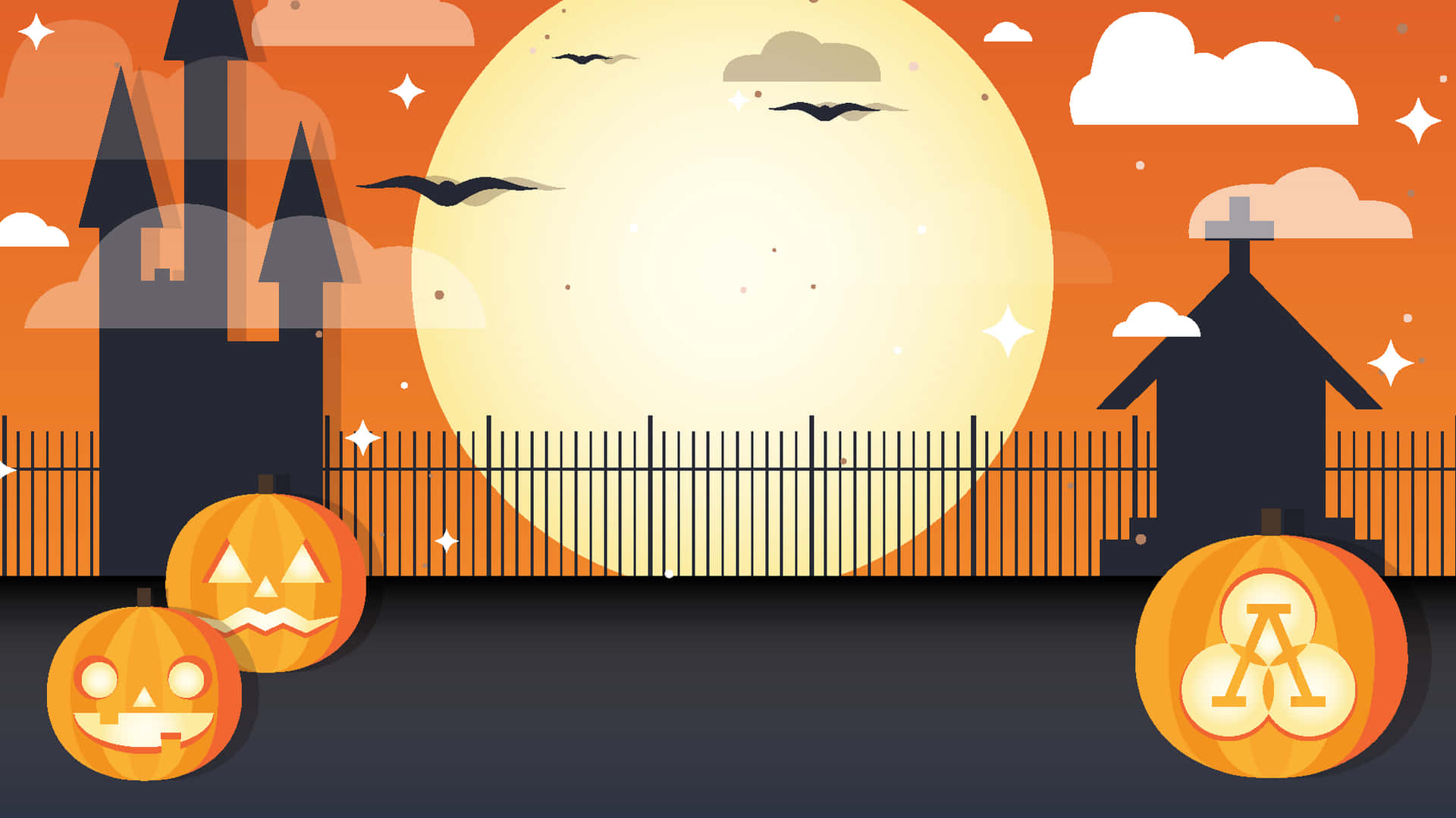 萬聖節之夜，有南瓜、蝙蝠、城堡和墓碑，在滿月下。