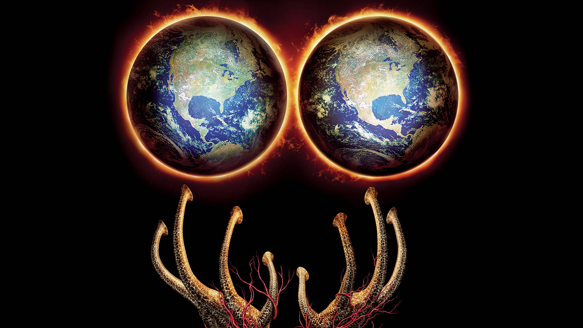 萬聖節外星人觸手抓行星 壁紙 — 兩個熾熱的地球在黑色虛空背景上，像眼睛一樣在骷髏狀鹿角上方發光。