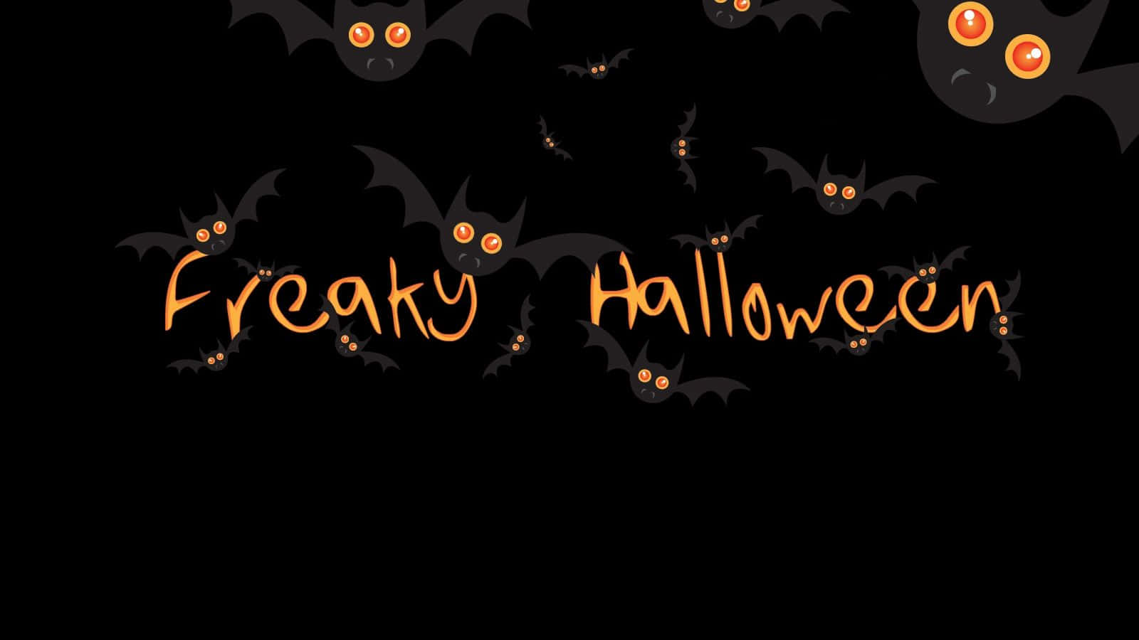 Freaky Halloween 文字，周圍有卡通蝙蝠飛舞。