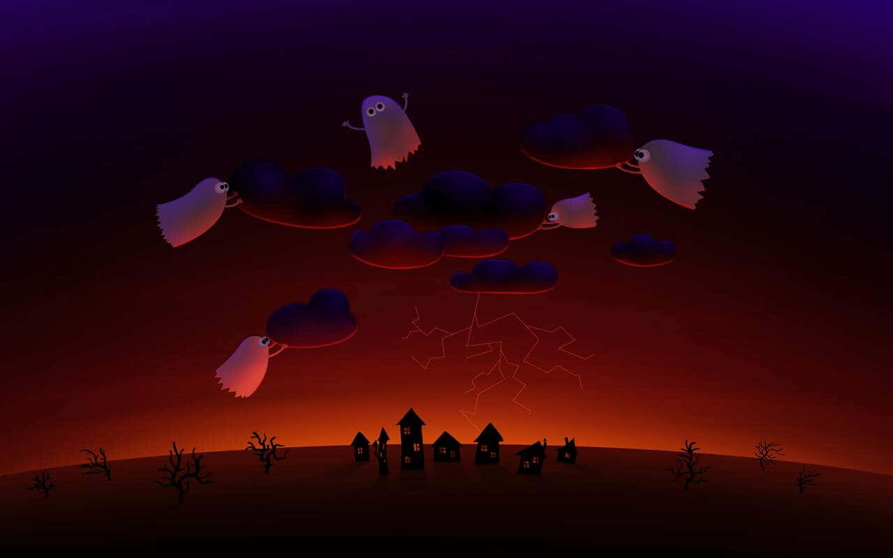 萬聖節幽靈飄過暮色風景 壁紙 — 鬼影在黃昏時分漂浮在被詛咒的村莊上空，閃電在烏雲間劈落。