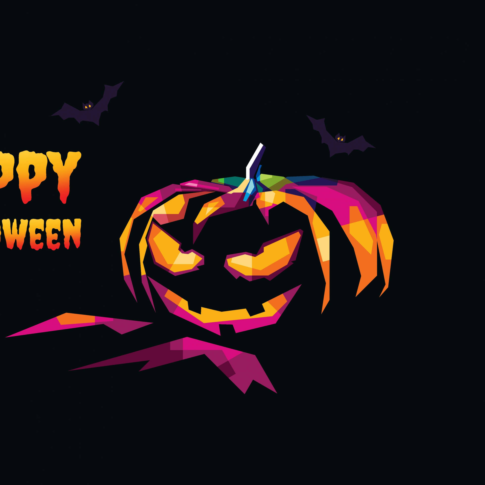 色彩繽紛的幾何南瓜燈，帶有蝙蝠和「Happy Halloween」文字。