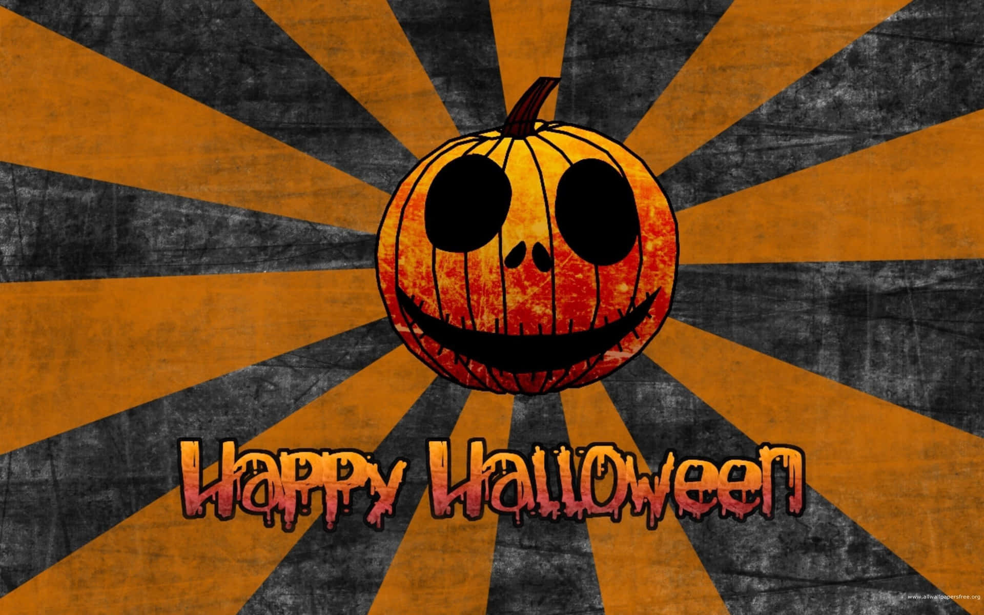 Happy Halloween 南瓜，在橙色和黑色陽光爆發背景上帶有滴落文字。