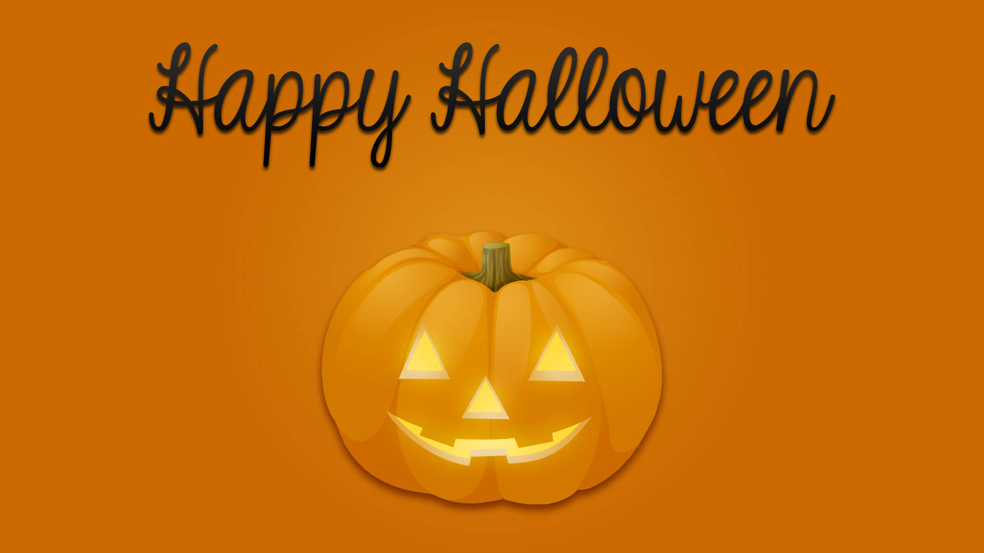 Happy Halloween 文字在微笑的南瓜燈上方，眼睛和嘴巴發光。