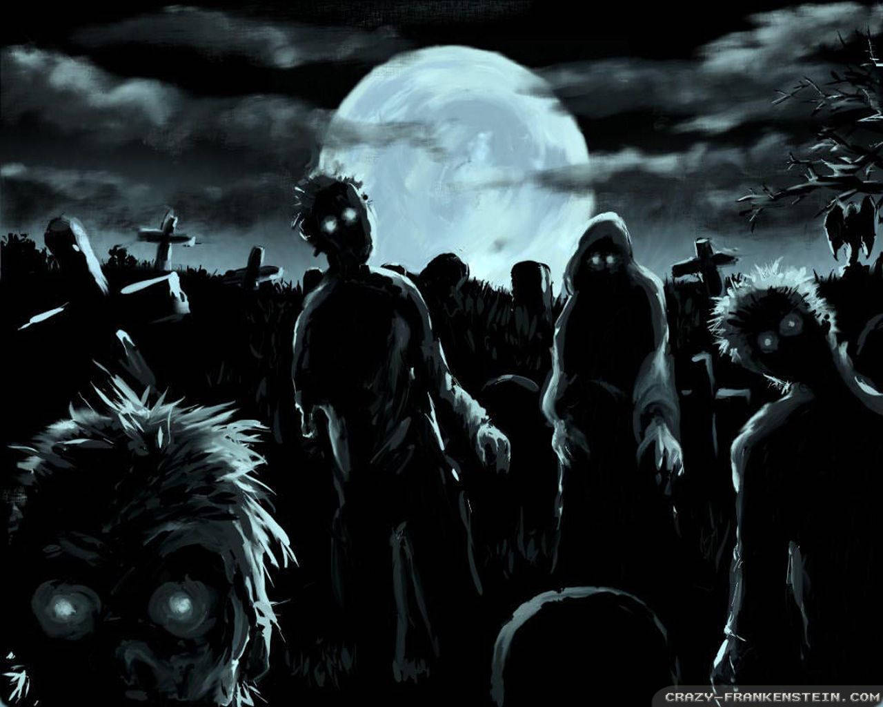 發光眼睛的殭屍從滿月下的墓地升起。