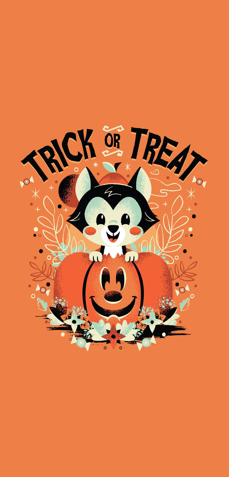 可愛的狐狸從微笑的南瓜燈上方探出頭來，帶有'Trick or Treat'字樣。