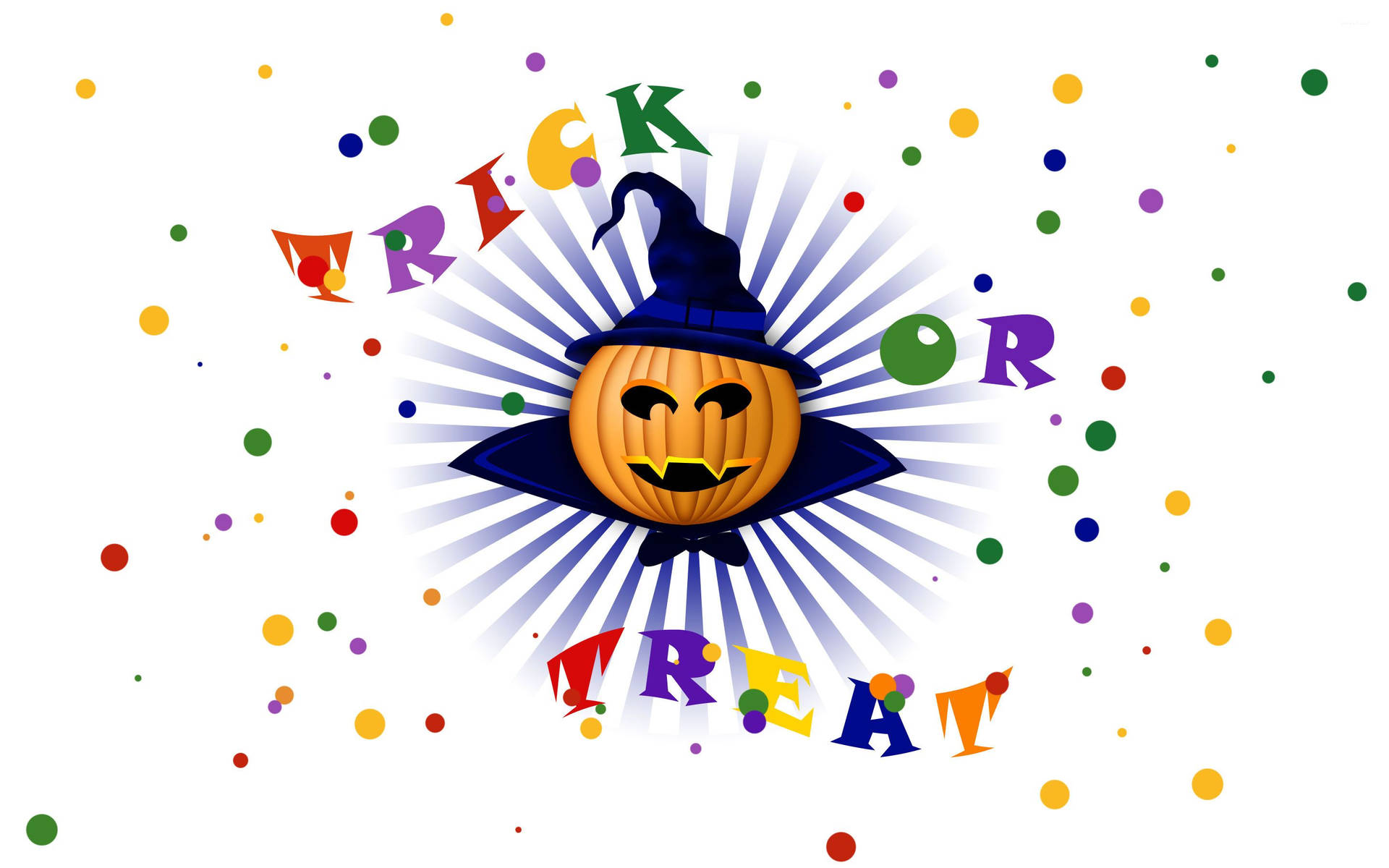 戴巫師帽的快樂萬聖節南瓜，帶有trick or treat文字和糖果點。