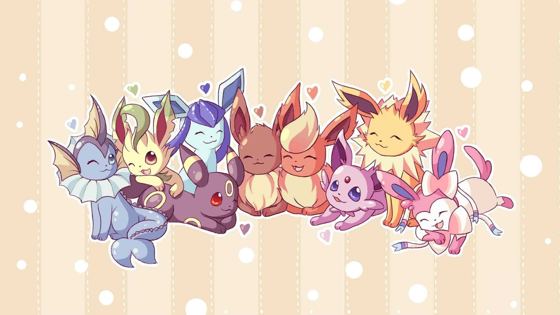九隻 Eeveelutions 排成一排擁抱，喺條紋背景上有漂浮嘅心形同泡泡。