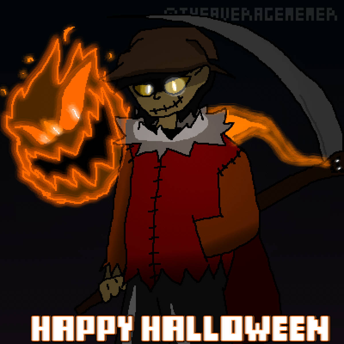 像素藝術稻草人手持燃燒的傑克南瓜燈，上面有「Happy Halloween」字樣。