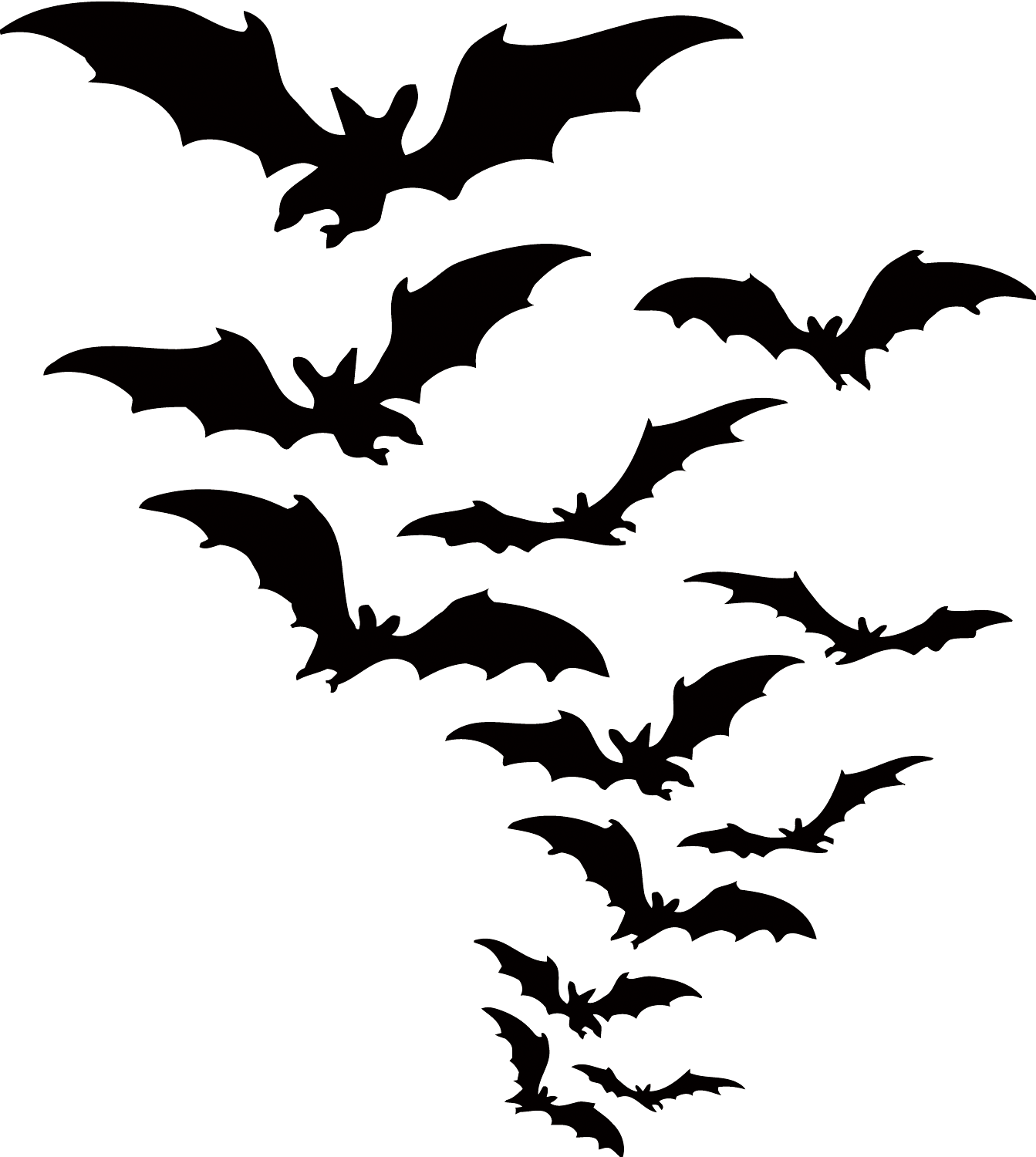 萬聖節蝙蝠剪影夜空 壁紙 — 一群黑色蝙蝠剪影在純白背景上動態飛翔。