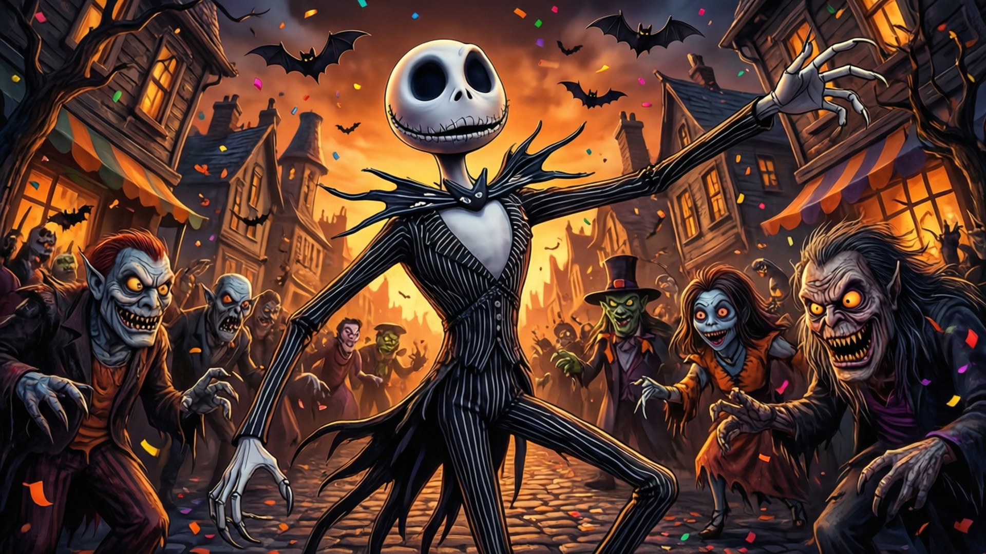 Jack Skellington 在萬聖節小鎮中與蝙蝠和飄落的五彩紙屑跳舞。