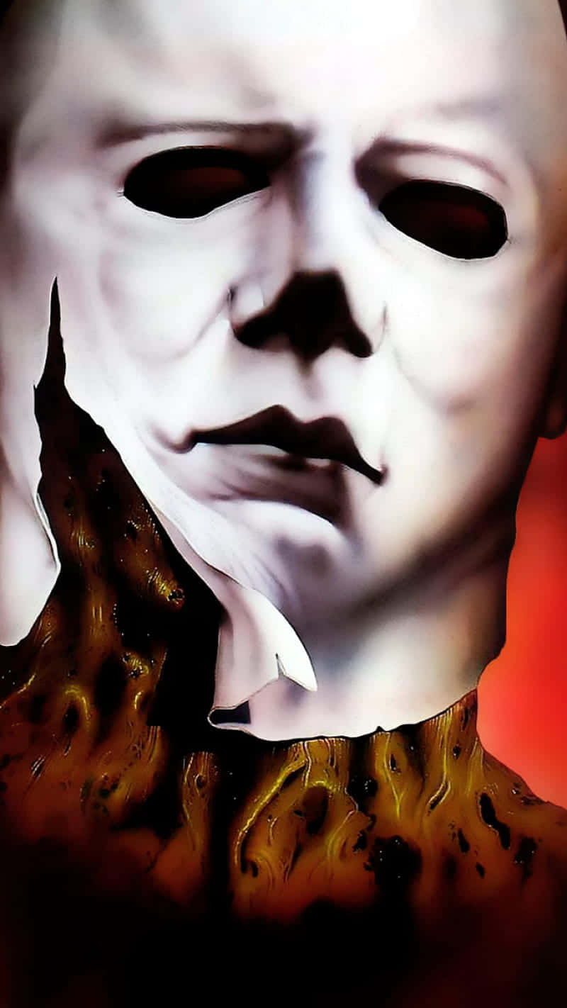 萬聖節邁克爾·邁爾斯假面 壁紙 — Michael Myers 標誌性白色面具的令人毛骨悚然的特寫，脖子撕裂處露出怪誕的肉體，背景是火紅色的。