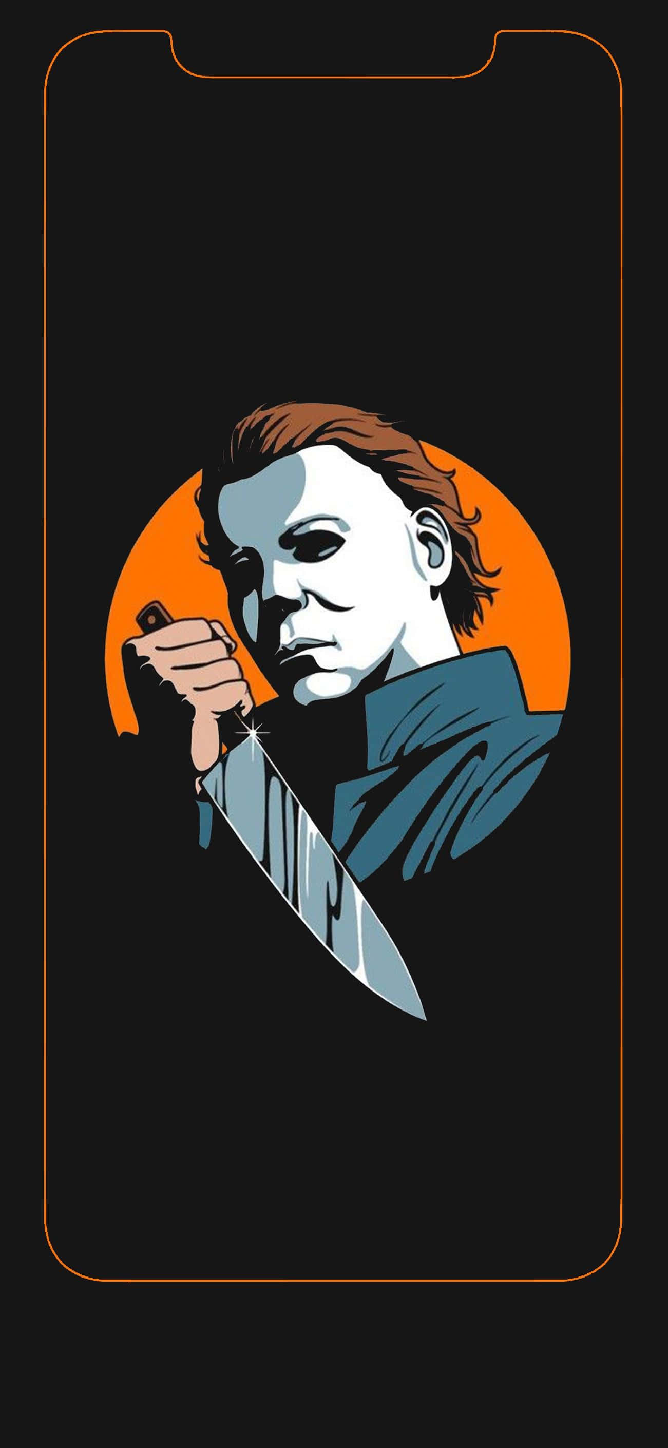 萬聖節邁克爾·邁爾斯手機壁紙 壁紙 — Michael Myers 在風格化的圖形插圖中，手持閃閃發光的刀，背景是橙色太陽。