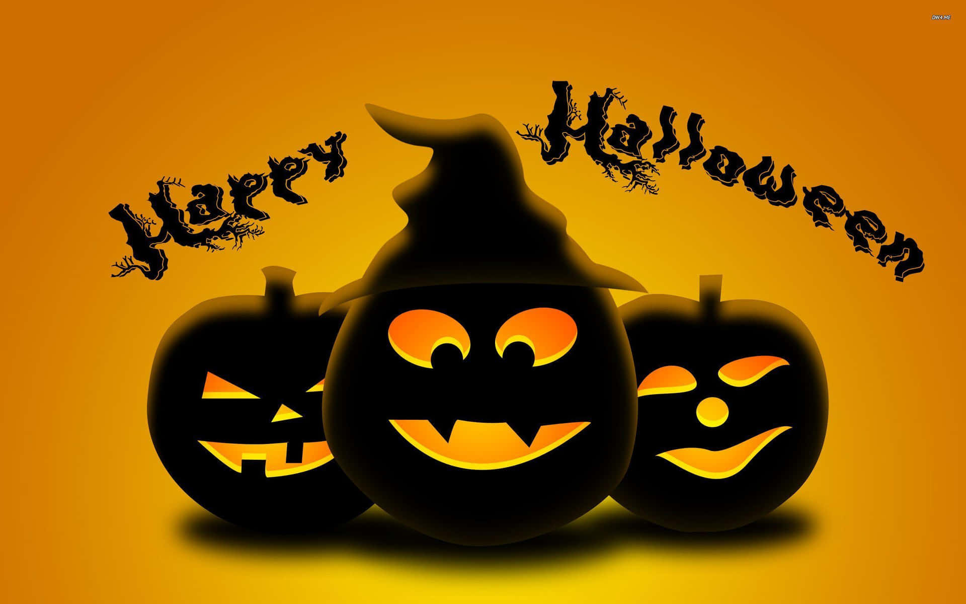 三個微笑的南瓜燈，帶有女巫帽和「Happy Halloween」文字。