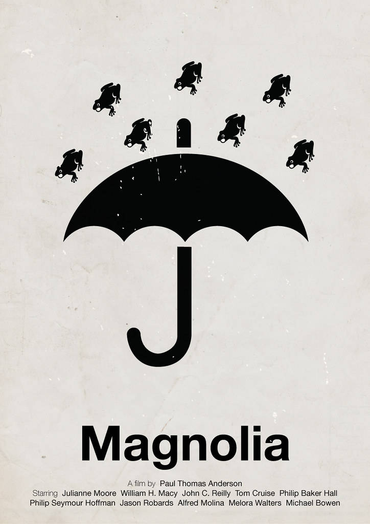 Magnolia 的黑白極簡電影海報，雨傘上有青蛙。