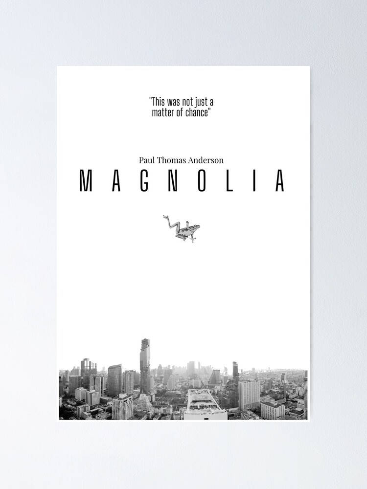 Magnolia 的黑白電影海報，包含城市景觀和引言。