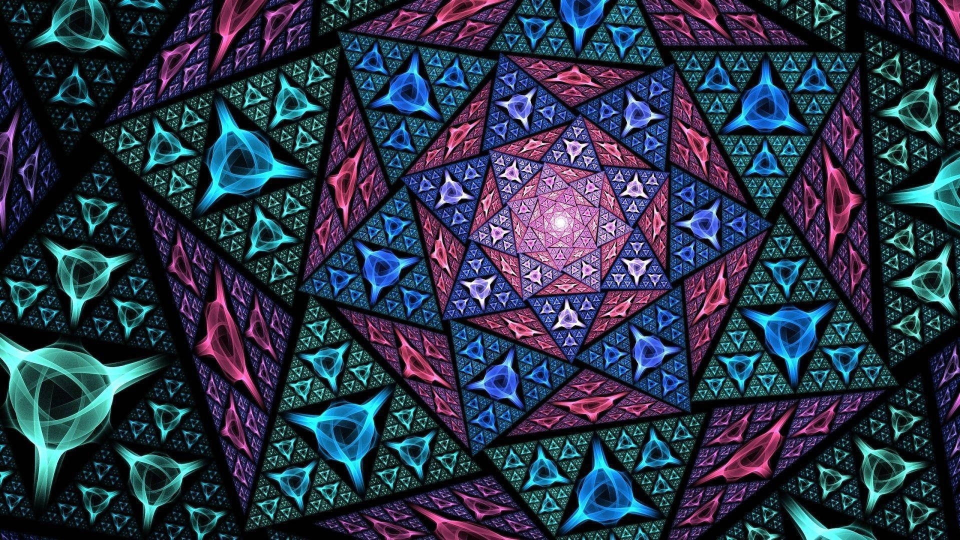 黑色背景上帶有發光三角形和幾何形狀的霓虹分形圖案。