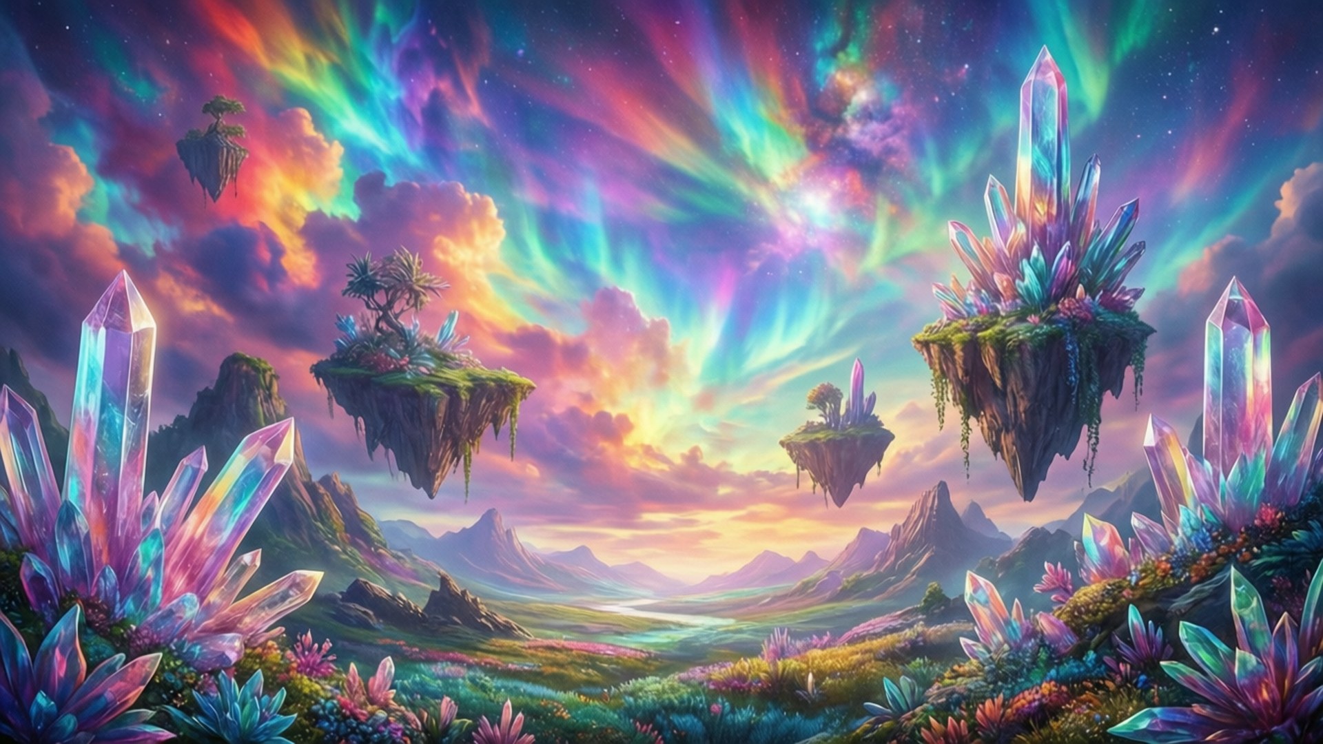 在色彩繽紛的極光天空下，帶有發光水晶的浮島。