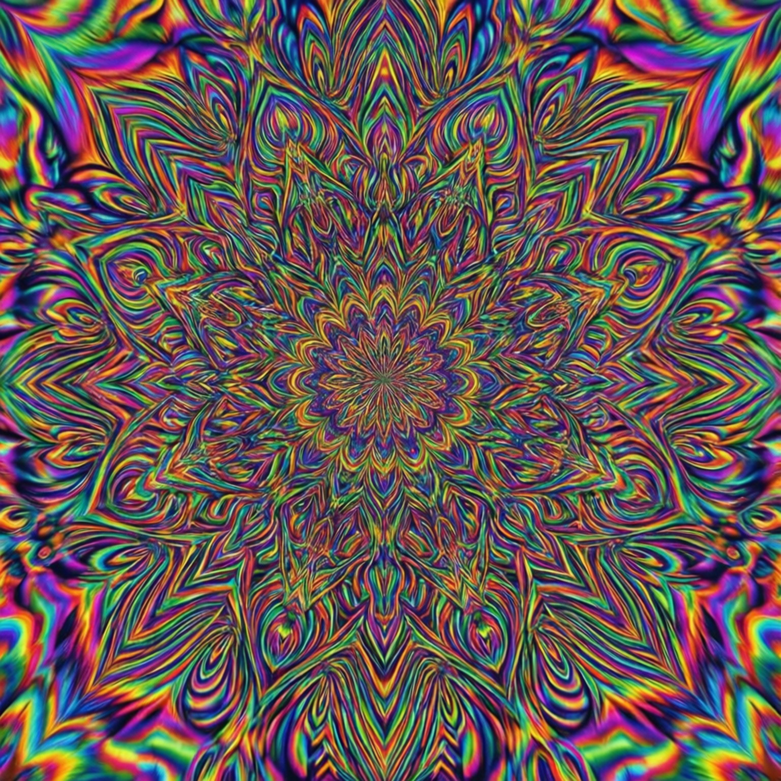 充滿活力的迷幻曼陀羅，帶有旋轉彩虹色和分形圖案。