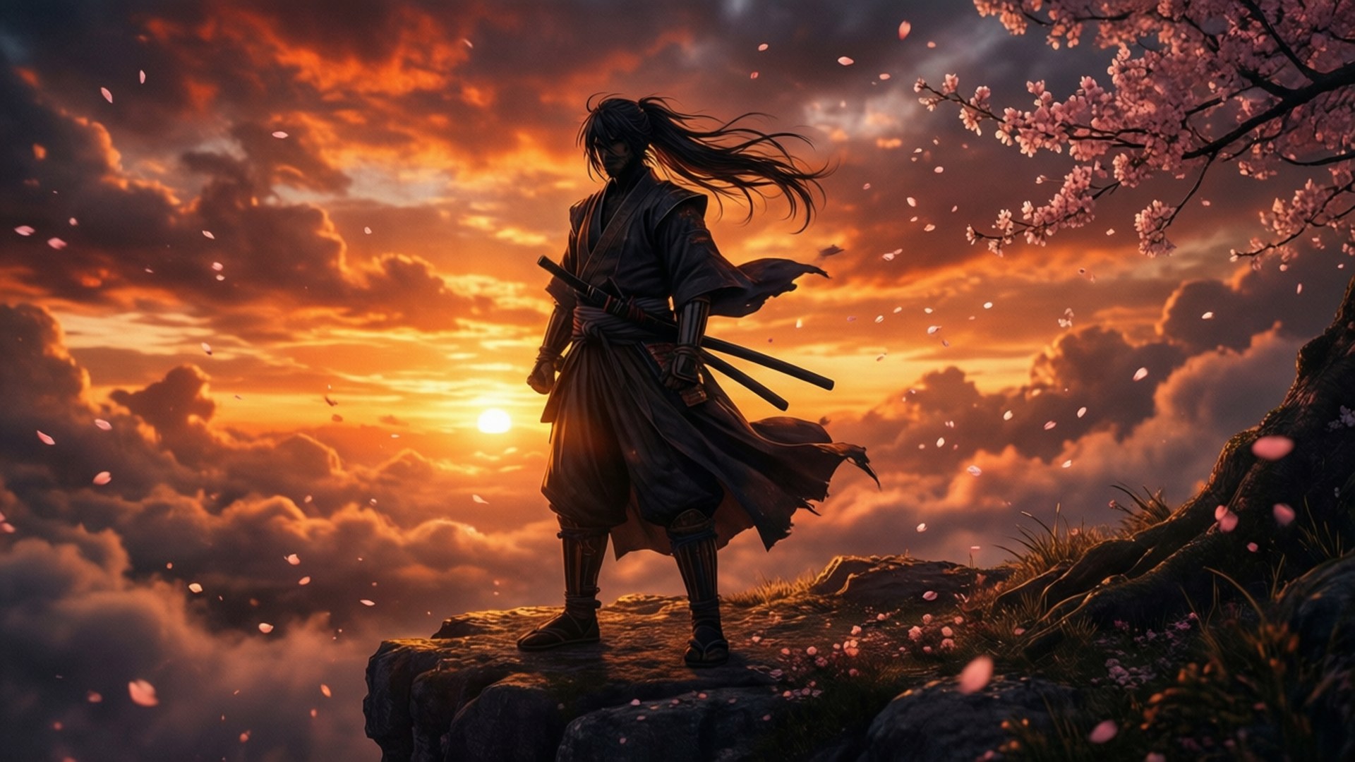落日孤劍客 壁紙 — 一位武士站在懸崖頂上，夕陽西下，櫻花在火紅的橙色天空中飄舞。