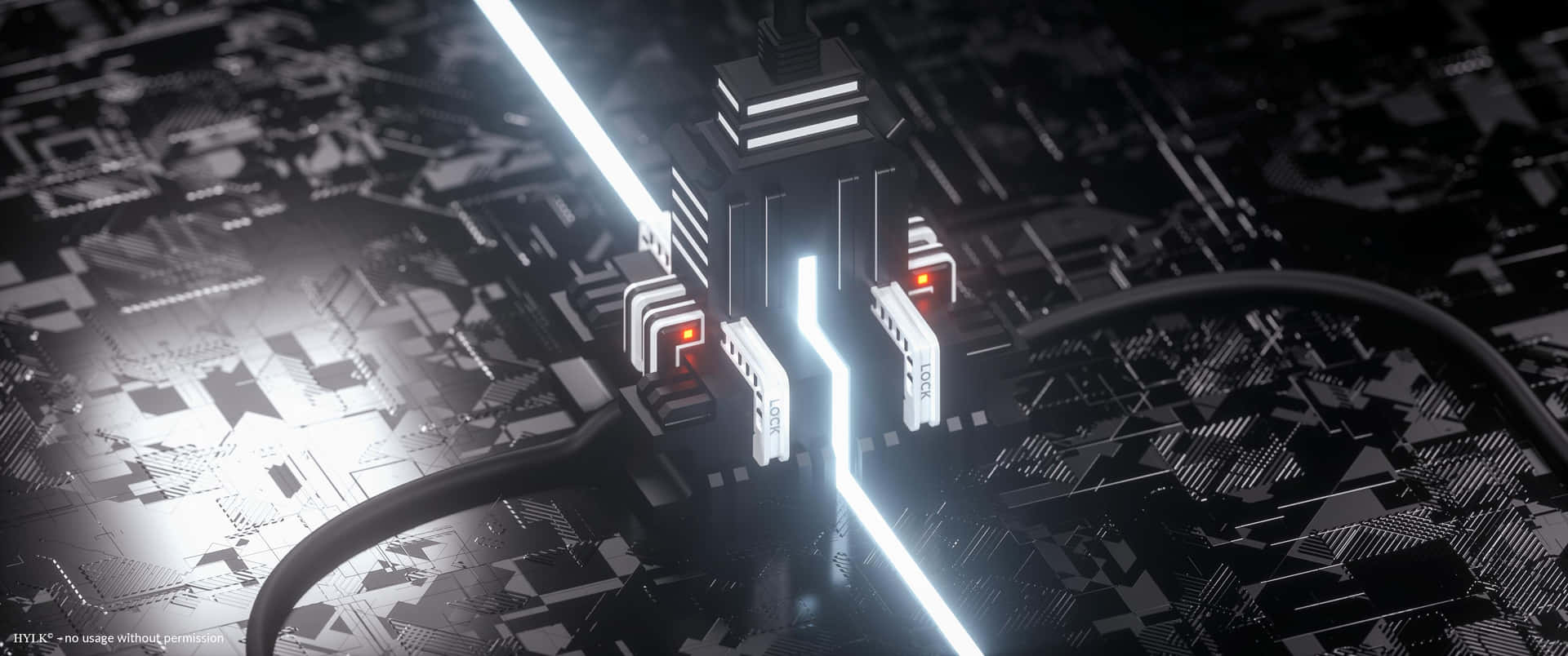 在深色科技板上發光的白色和紅色電路，帶有電纜連接。