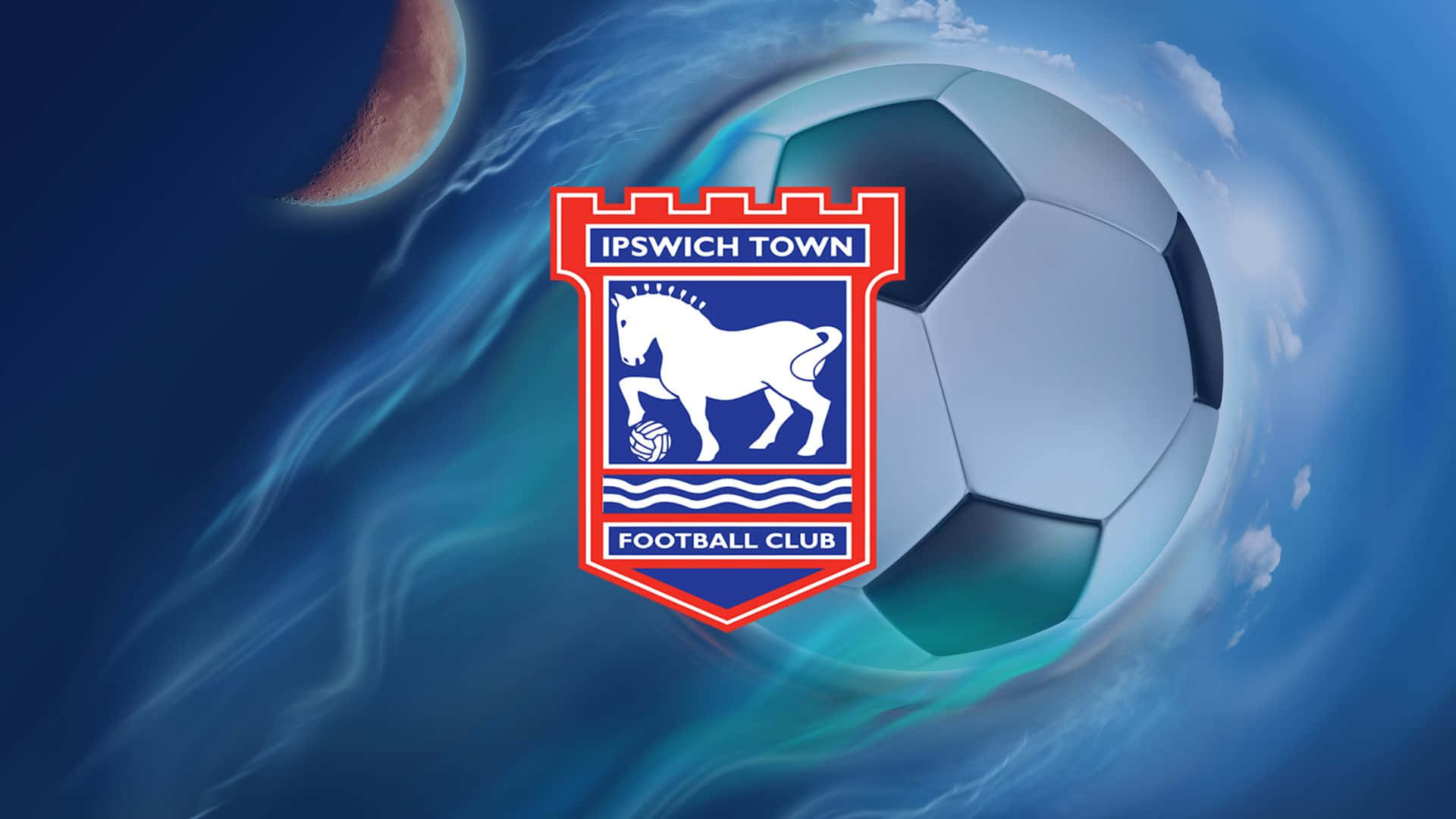 Ipswich Town 桌布 壁紙 — 葉士域治足球會徽章居中，背景為旋轉藍色，並有足球和彎月。