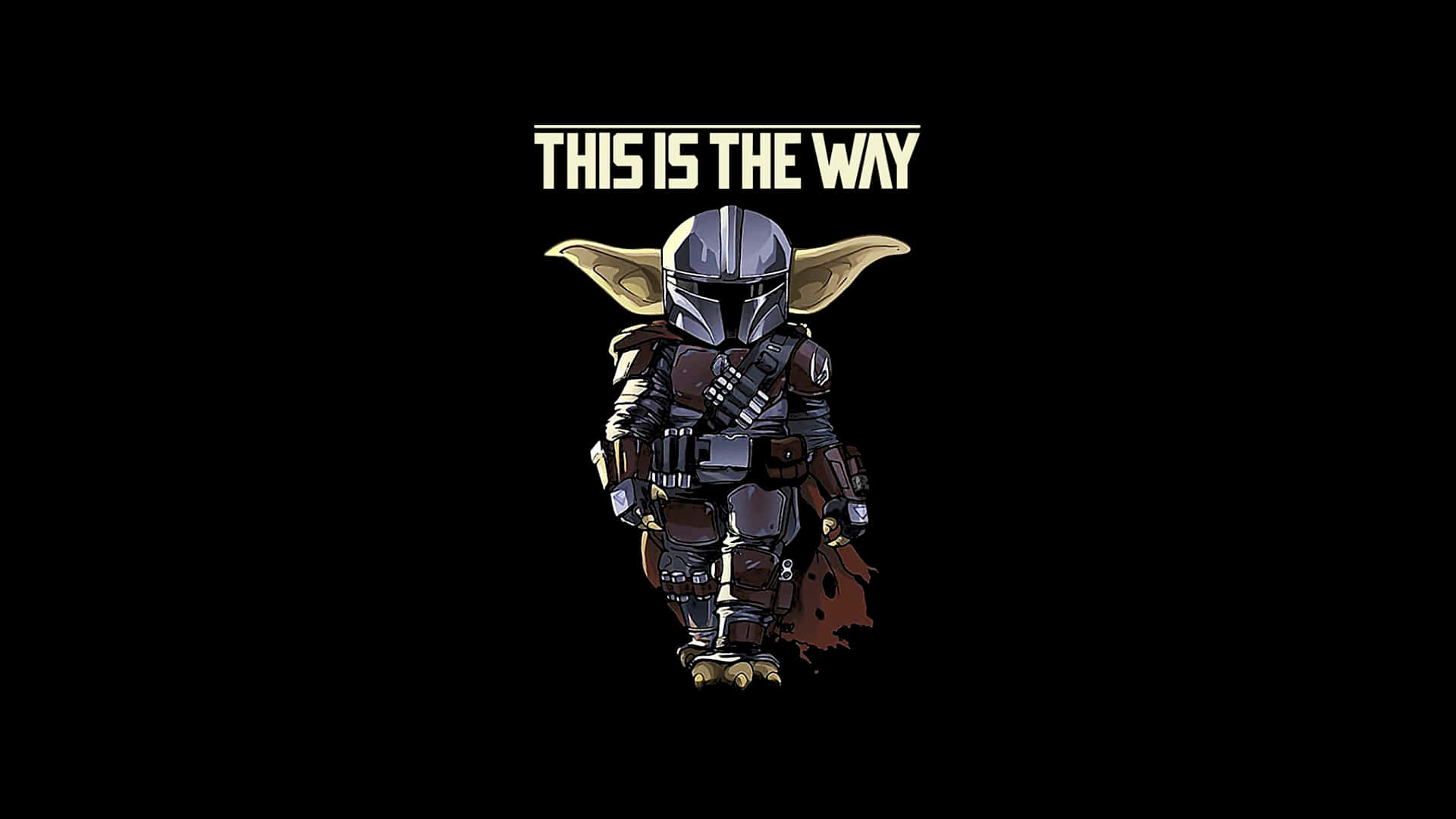 Q版古古穿著曼達洛人盔甲，帶有「THIS IS THE WAY」文字。