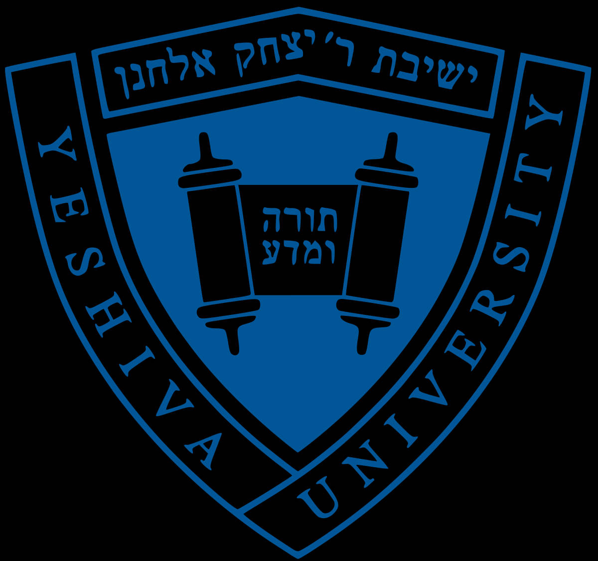 耶希瓦大學標誌，帶有希伯來文文字和藍色 Torah 卷軸，背景為黑色。