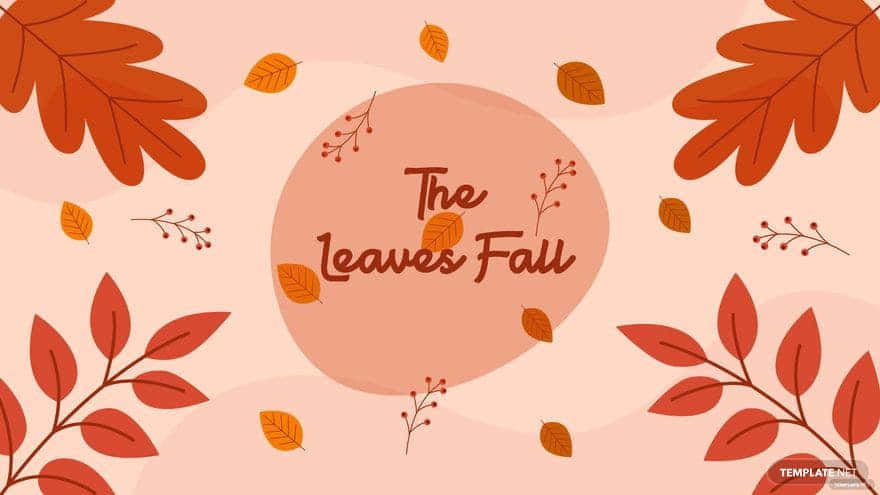 秋天的樹葉和樹枝漂浮在粉紅色背景上的文字「The Leaves Fall」周圍。