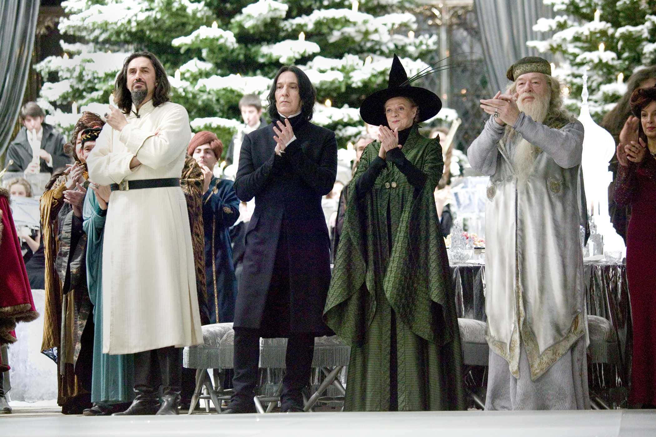 The Hogwarts Professors 桌布 壁紙 — 著名巫師人物穿著正式長袍，在裝飾樹木下的雪地戶外活動中鼓掌。