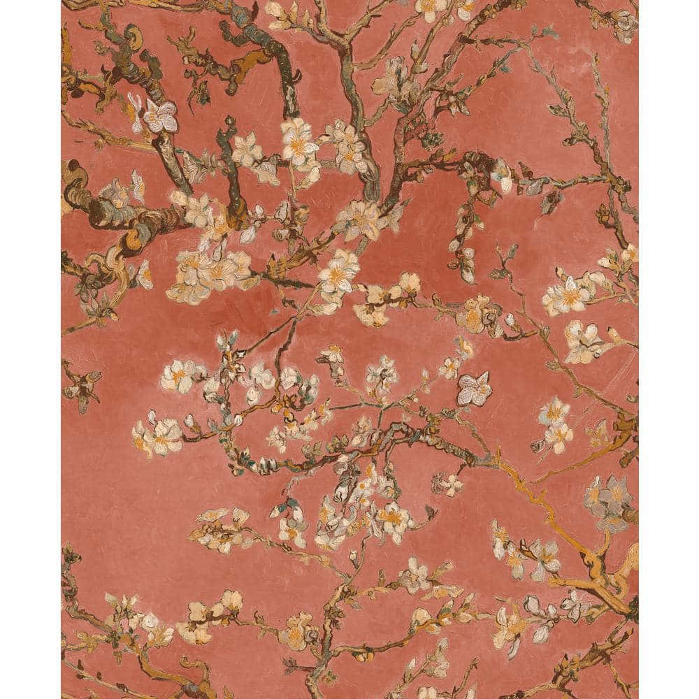 梵高畫作，杏仁花枝條，白色花朵，赤陶背景。