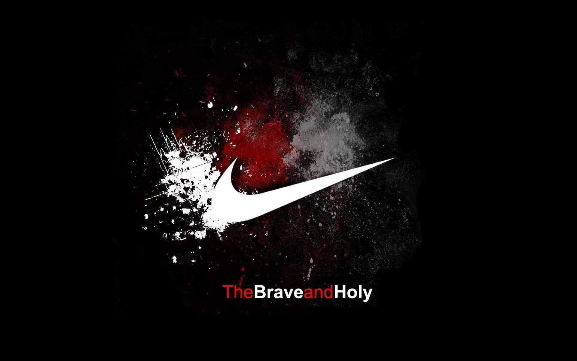 白色Nike剔號，紅色和灰色飛濺背景，文字TheBraveandHoly