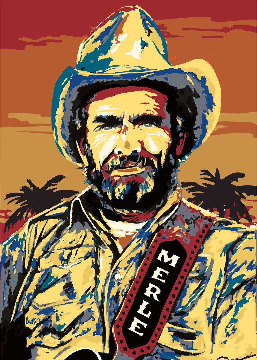 音樂家 Merle Haggard 戴牛仔帽同結他帶，背景係日落棕櫚樹嘅肖像。