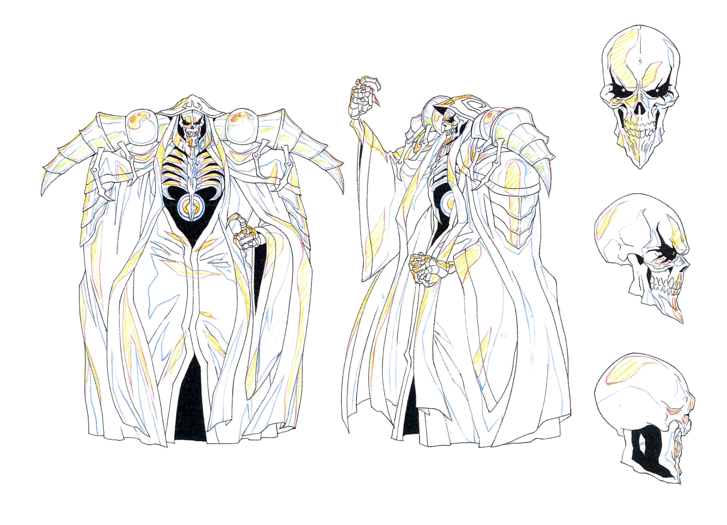 著色 Ainz Ooal Gown Overlord 圖片 壁紙 — 動漫角色設計圖，包含一個身穿飄逸白色長袍、帶有黃色點綴的骷髏人物，以及三個頭骨變體。