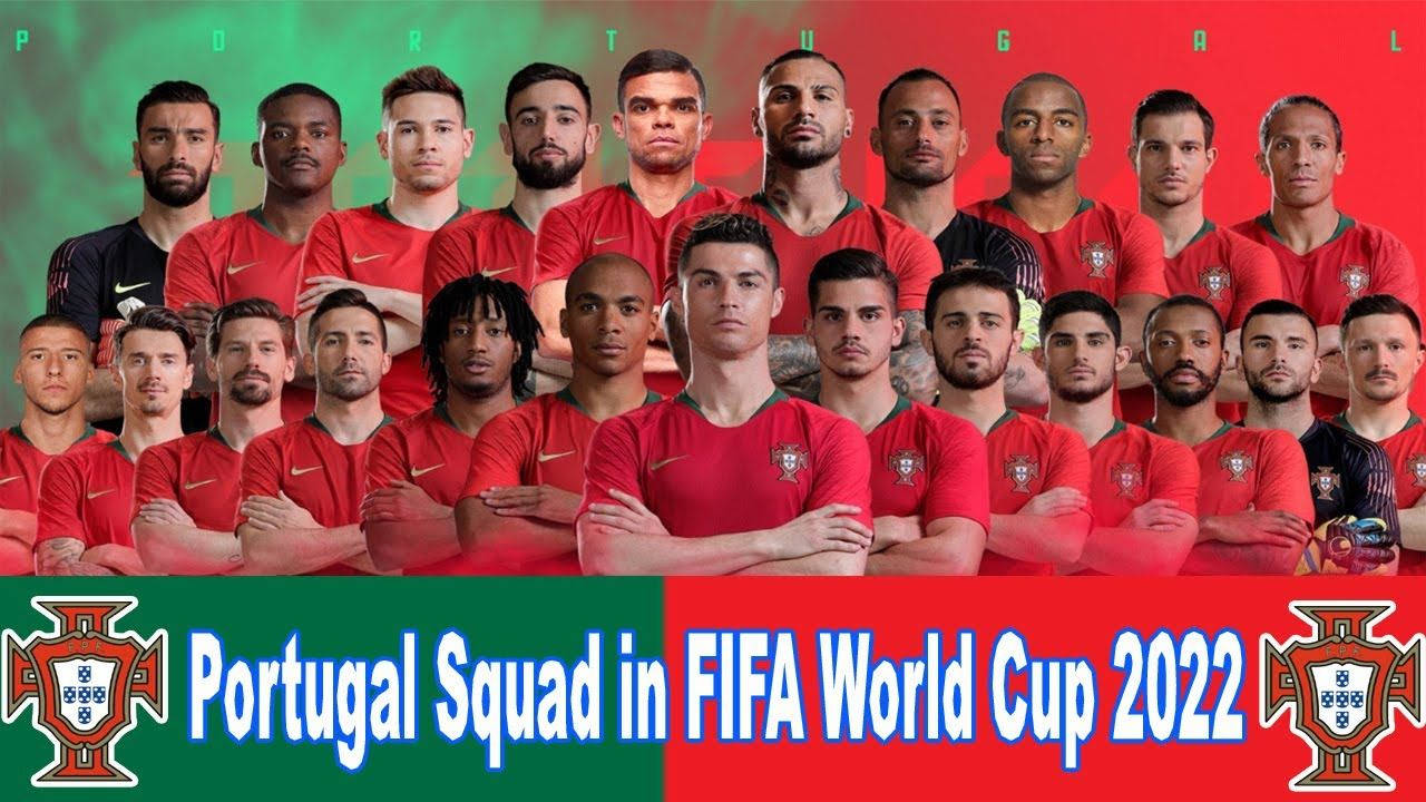 葡萄牙國家足球隊FIFA世界盃海報 壁紙 — 葡萄牙2022年FIFA世界盃足球隊身穿紅色球衣，在綠色和紅色漸變背景前，帶有國徽和文字。