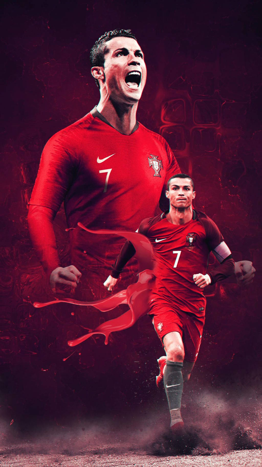 葡萄牙國家足球隊隊長CR7數位藝術作品 壁紙 — 一幅充滿動感的數位藝術作品，描繪基斯坦奴·朗拿度身穿葡萄牙紅色球衣，在深色背景上以戲劇性的紅色潑濺效果慶祝。